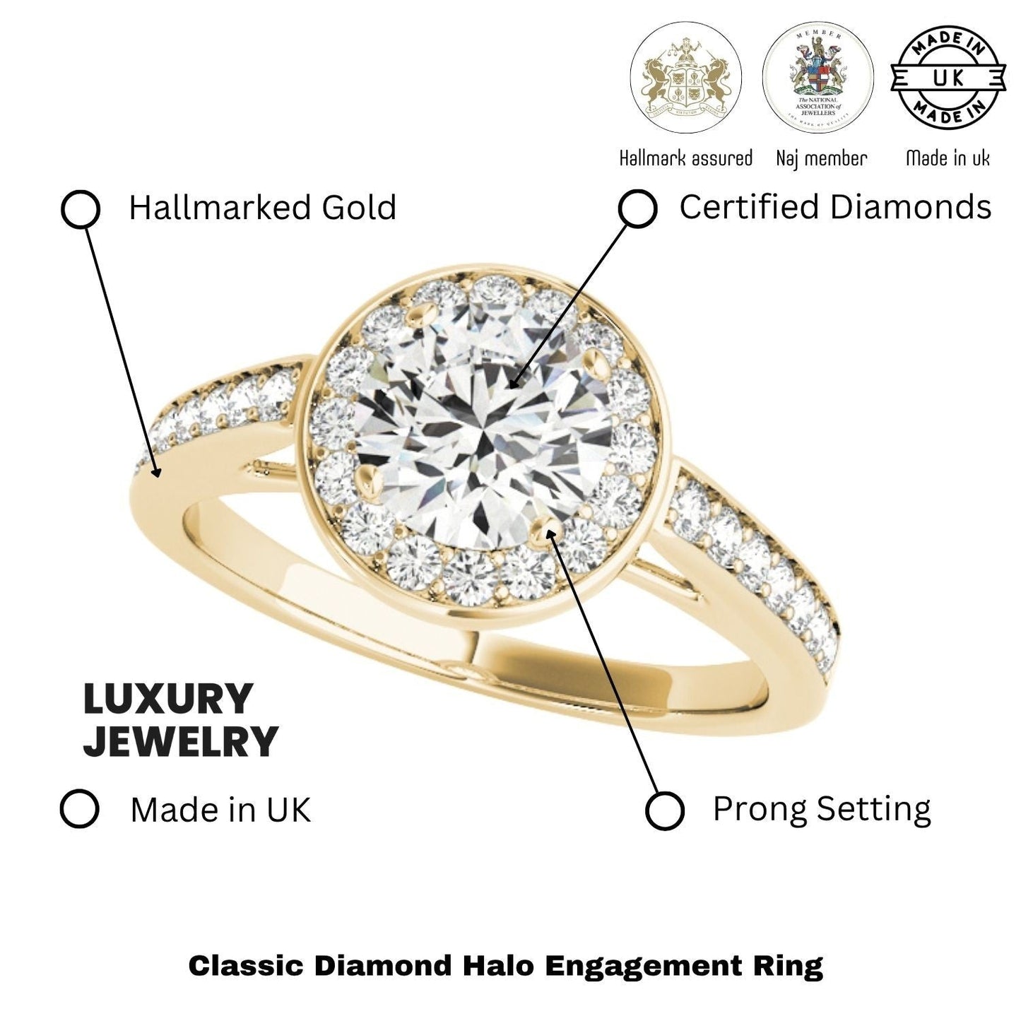 Lab Grown Round Diamond Halo Engagement Ring 18K Yellow Gold