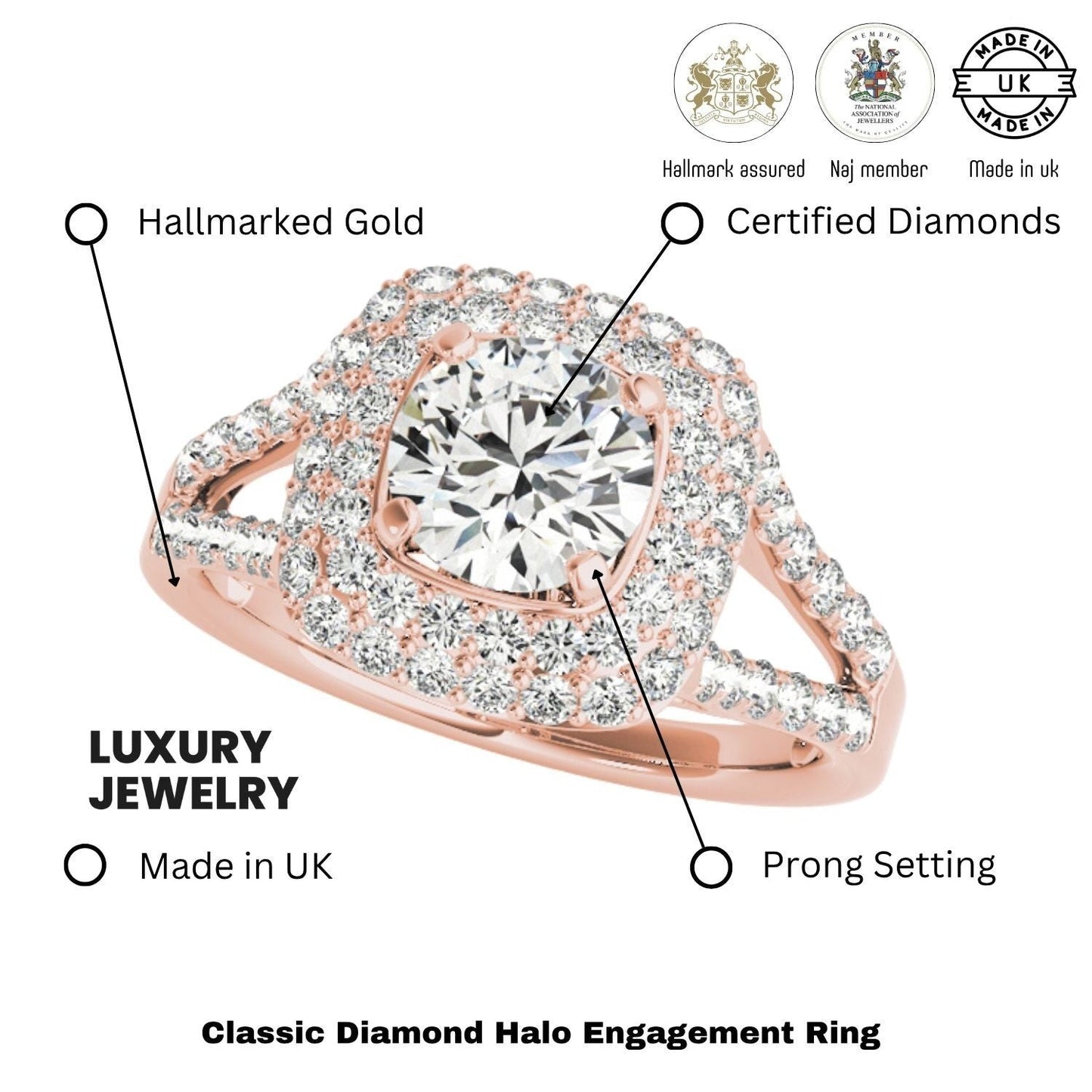 Lab Grown Round Diamond Halo Engagement Ring 18K Rose Gold